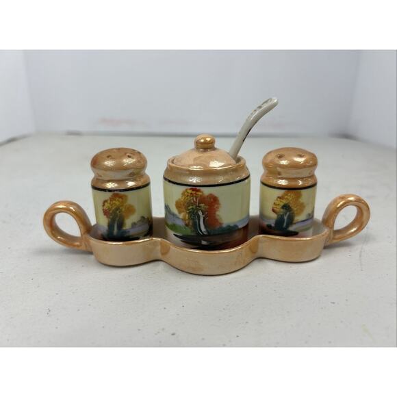 Vintage Chikaramachi Lusterware Condiment Set Salt Pepper Mustard w/Spoon & Tray - Picture 1 of 10